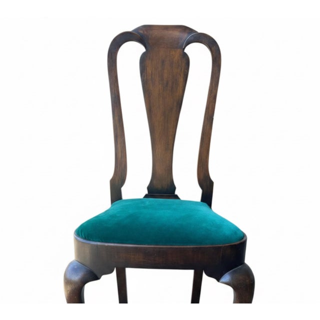 Queen Anne Vintage Queen Anne Dining Chairs - Emerald Velvet - Set of 6 For Sale - Image 3 of 12