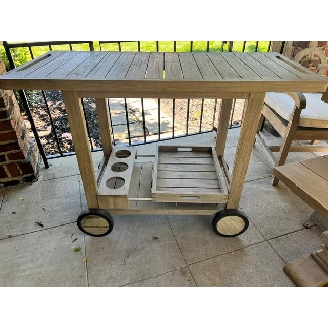 Arhaus Hamptons Outdoor Teak Dining Set – 84" Table, Bench, 4 Chairs, Beverage Cart & Cushions For Sale - Image 13 of 15