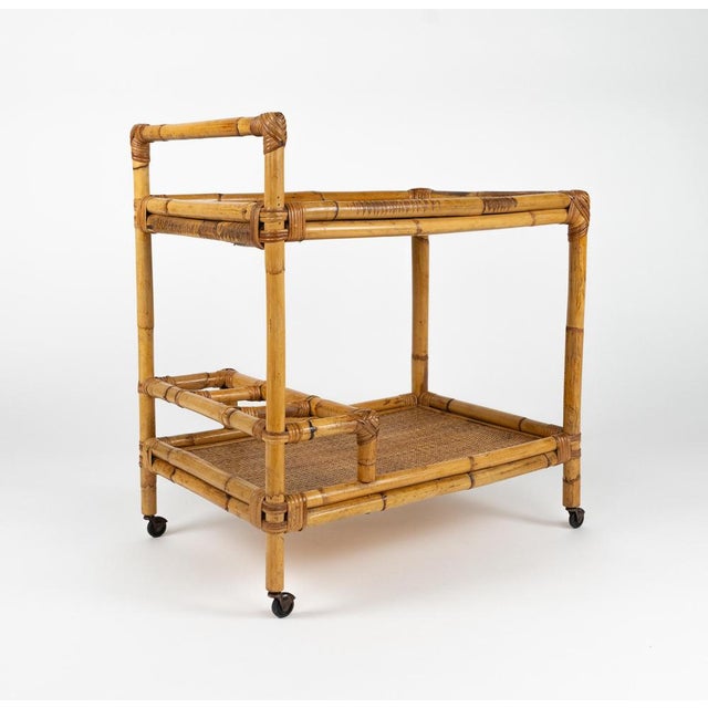 Brown Mid-Century Modern Bamboo and Rattan Serving Bar Cart, Italy, 1960s For Sale - Image 8 of 17
