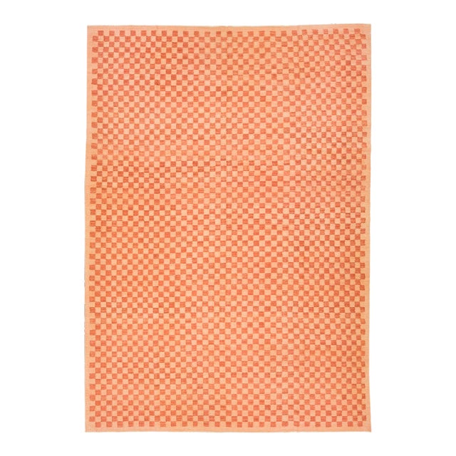Orange Modern Kilim Handmade Wool Rug With Checker Design For Sale