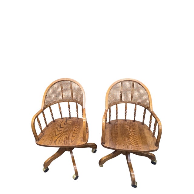 Farmhouse Vintage Cane Back Swivel Captain’s Desk Chairs by Min-Lee – Pair For Sale - Image 3 of 12