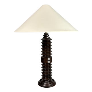 French Brutalist Turned Wood Table Lamp by Charles Dudouyt, 1940s For Sale