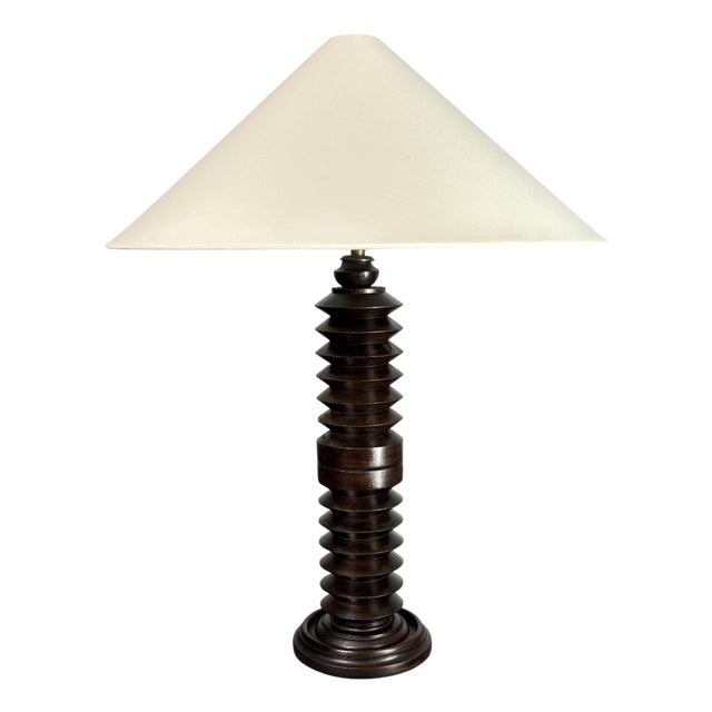 French Brutalist Turned Wood Table Lamp by Charles Dudouyt, 1940s For Sale