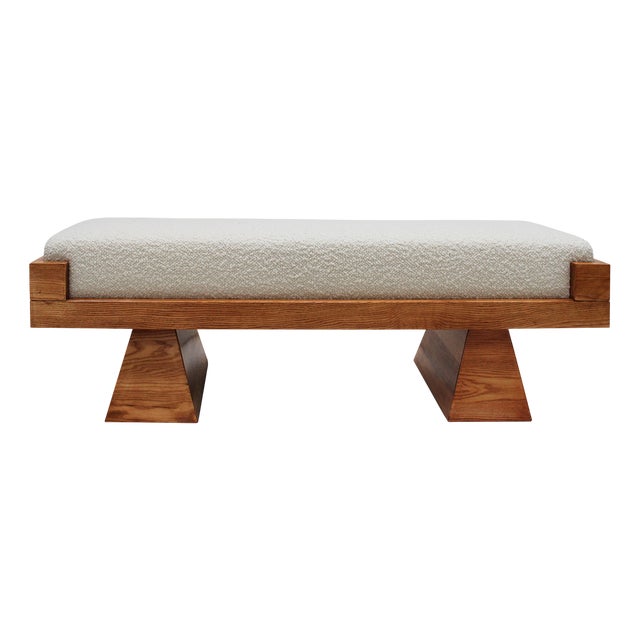 Italian Brutalist Bench in Oak and Wool Bouclé, 2000s For Sale
