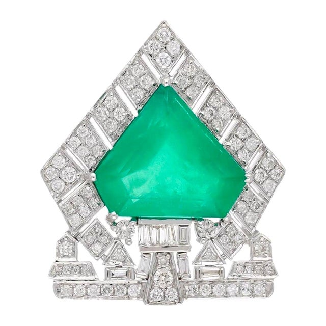 7 Ct Natural Emerald 1 Ct Brilliant cut Diamond Brooch /Pin 18 Kt White Gold For Sale - Image 15 of 18