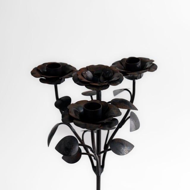 Vintage Hand-Forged Iron Rose Candelabra Set For Sale - Image 9 of 12