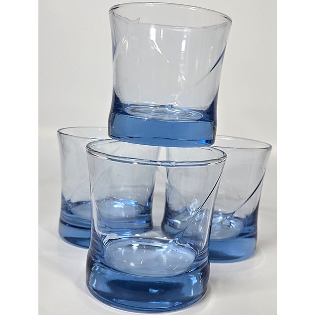 1990s Twirling Blue Vintage Double Old Fashioned Glasses- Set of Four For Sale - Image 9 of 11