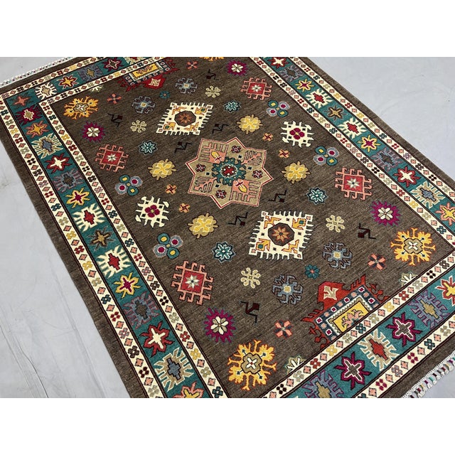 Brown and Teal Kazak Rug With Star Medallion, 5'8" X 7'9" For Sale - Image 4 of 15