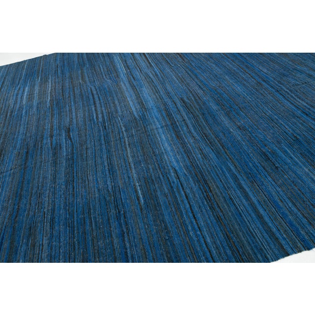 Modern Handmade Deep Indigo Wool Kilim Rug – Minimalist Contemporary Flatweave For Sale - Image 4 of 12