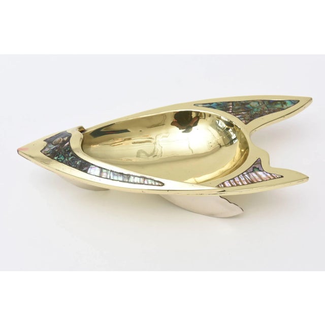 Restored Vintage Abalone, Brass and Silver Plate Sculptural Fish Bowl MCM For Sale - Image 10 of 11