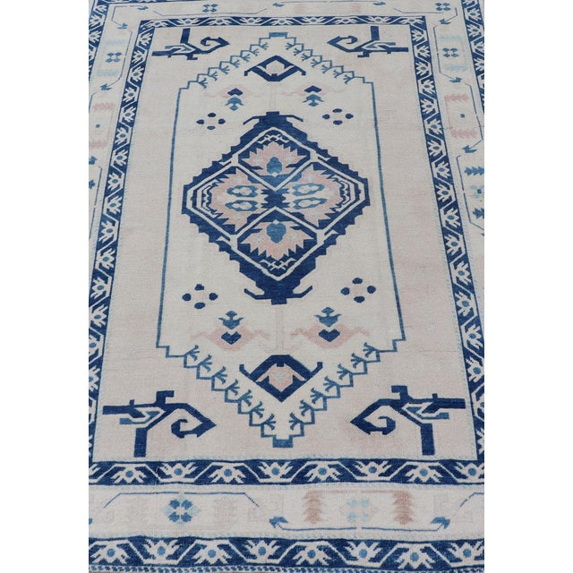 Tribal Blue, Cream & Green Vintage Oushak Rug With Geometric Medallion & Tribal Design 4'9 X 6'9 For Sale - Image 3 of 12