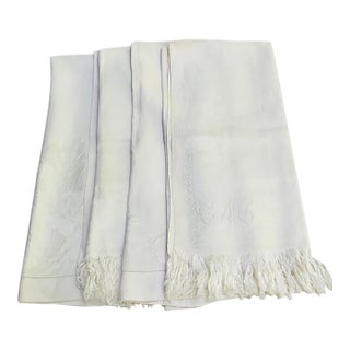 French Linen Damask Hand Towels, Set of 4, Monogrammed, Antique C. 1900 For Sale