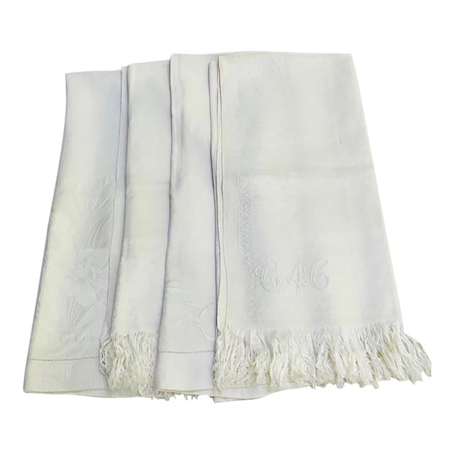 French Linen Damask Hand Towels, Set of 4, Monogrammed, Antique C. 1900 For Sale
