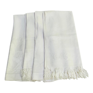French Linen Damask Hand Towels, Set of 4, Monogrammed, Antique C. 1900