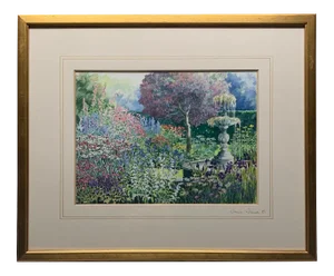 1980s "On a Summers Day" Flower Garden Watercolor Painting by Verina Warren, Framed
