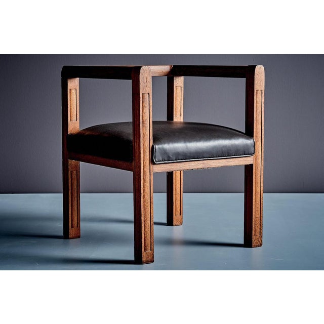 Art Deco Armchair in Oak with Upholstered Black Leather, France, 1920s For Sale - Image 3 of 15