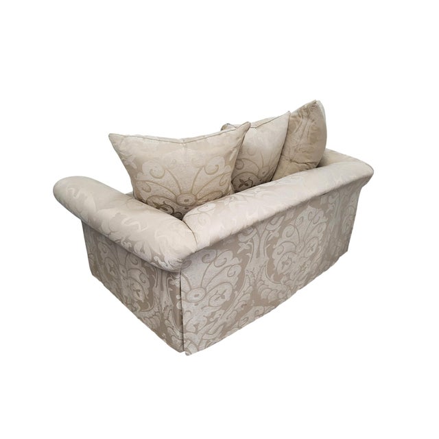 Feather-Filled Damask Loveseat With Rolled Arms and Pleated Skirt For Sale - Image 10 of 18