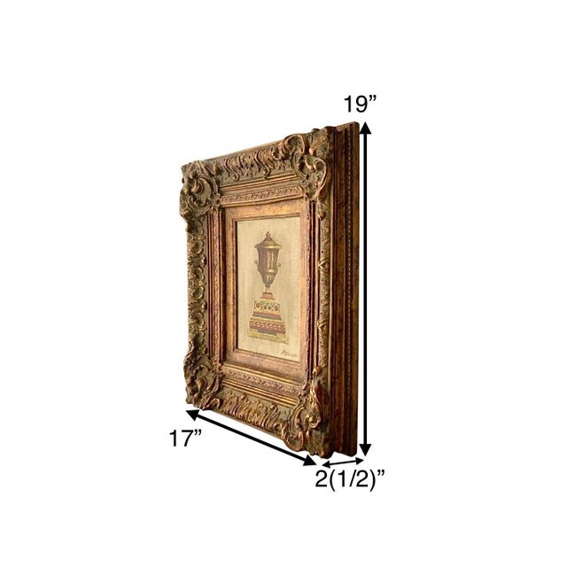 This vintage Medina oil painting on canvas features a neoclassical urn sign in shades of red and green. The framed artwork...