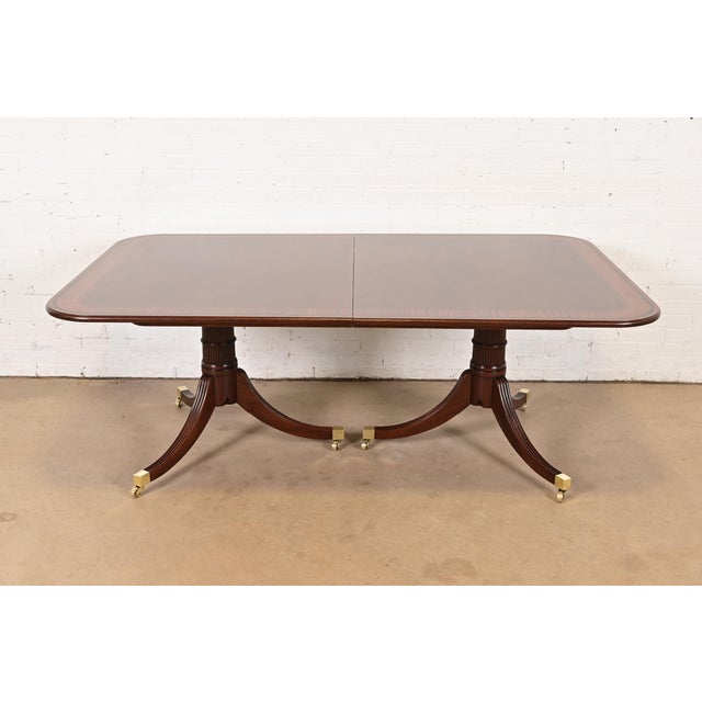 Wood Baker Furniture Stately Homes Georgian Banded Mahogany Double Pedestal Extension Dining Table, Newly Refinished For Sale - Image 7 of 14