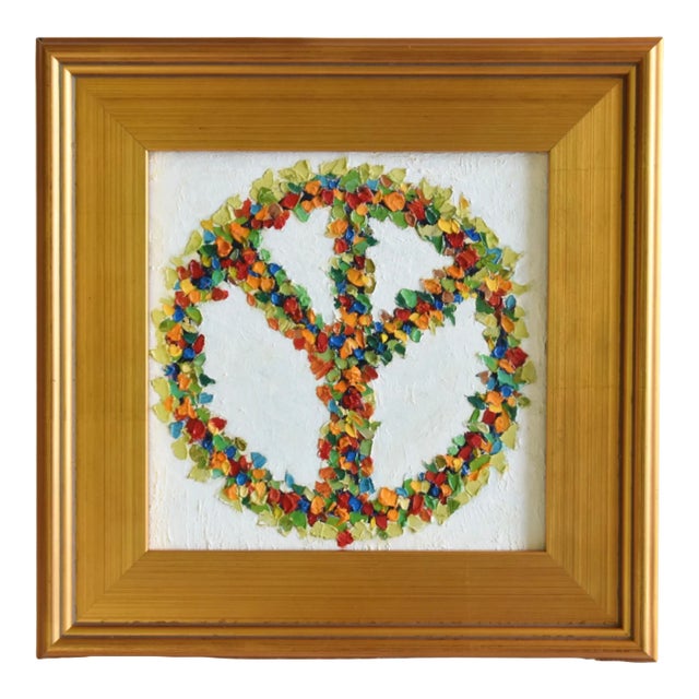 Impressionist Floral Peace Sign Oil Painting Including the Antiqued Gold Wood Frame For Sale