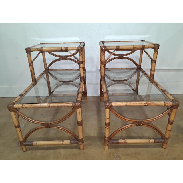 Vintage Pair of Bamboo & Rattan 2 Tiered Glass Top End Tables For Sale In Phoenix - Image 6 of 8