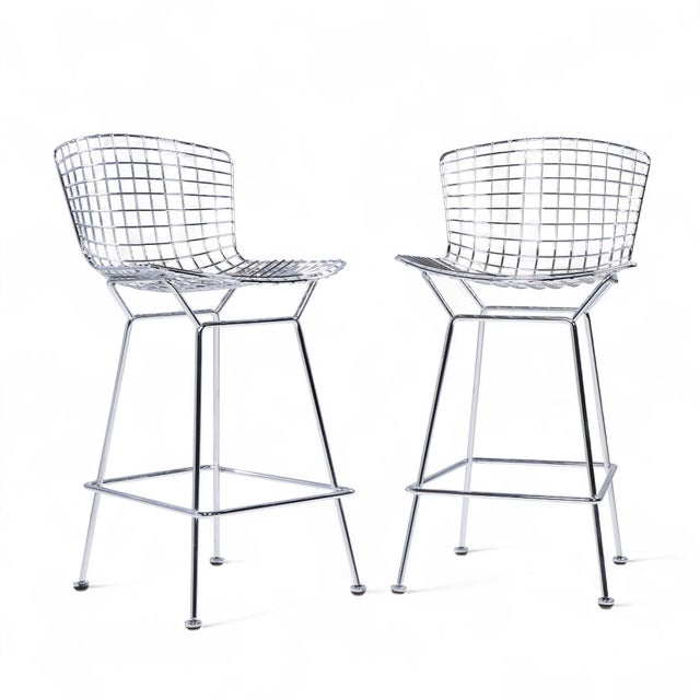 Harry Bertoia for Knoll Mid Century Chrome Counter Stools - Pair Each stool measures: 21 wide x 23 deep x 39.5 high, with...