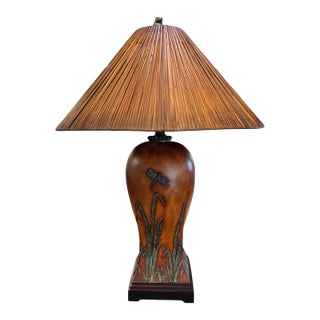 Sculptural Nature-Inspired Table Lamp With Ribbed Bamboo Shade, Dragonfly and Frog Finial For Sale