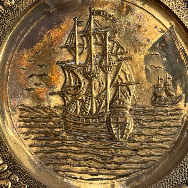 Vintage Nautical Hammered Brass Repousse Wall Hanging Plate For Sale - Image 4 of 8