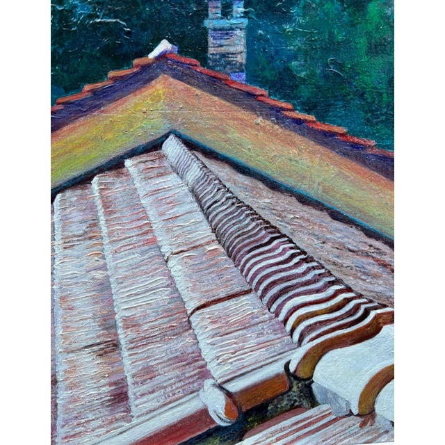 Wood 1980s Contemporary Framed Rooftop Landscape Acrylic Painting, Signed Strauss For Sale - Image 7 of 13