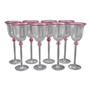 1950s Pink and Clear Studio Art Glass Wine Glasses, Signed- Set of 8