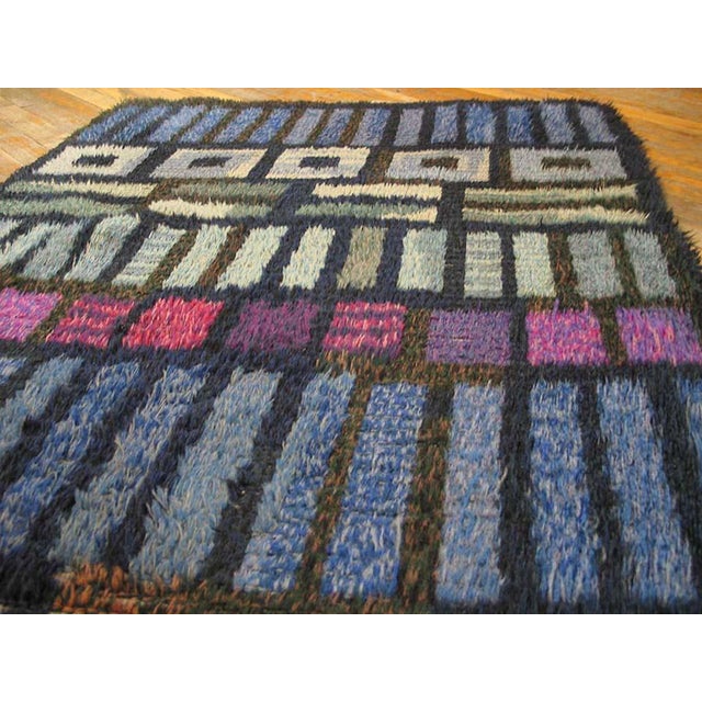 1950s Blue & Purple Geometric Vintage Swedish Scandinavian Rya Shag Carpet 3'2" X 5'8" Handknotted Wool Rug For Sale - Image 4 of 5