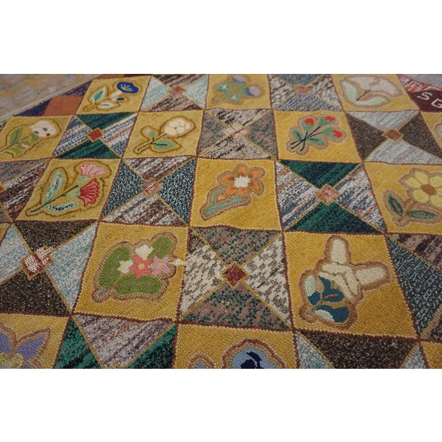 1950s Very Pretty Multi Colored Floral Tumbling Block Pattern Set on a a Light Yellow Tan Background Vintage Signed Sg and Dated 1950 American Hooked Rug For Sale - Image 5 of 15
