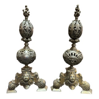 Andirons with Marmousets in Silvered Bronze For Sale