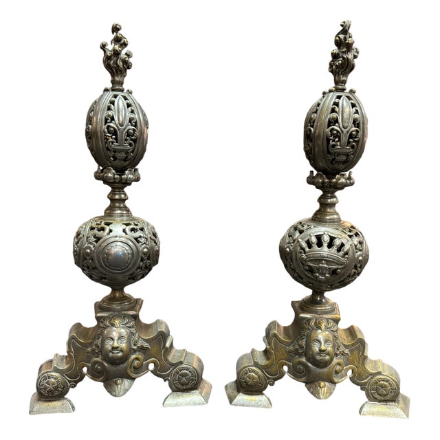 Andirons with Marmousets in Silvered Bronze For Sale
