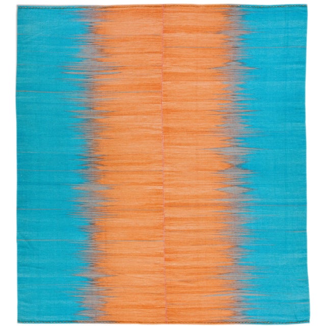 Modern Kilim Flatweave Abstract Designed Blue and Orange Wool Rug For Sale - Image 10 of 10