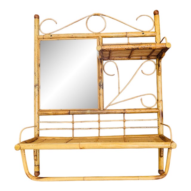 Vintage Bamboo Wall Shelf With Mirror and Towel Rack For Sale