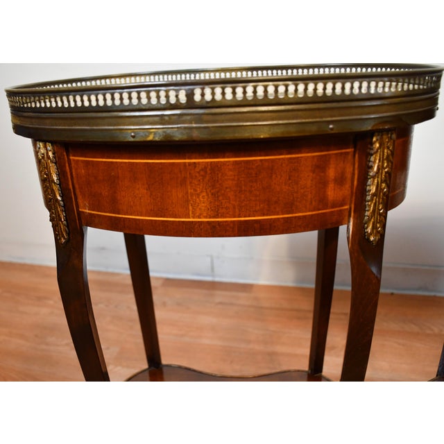 Brown 1930 Pair French Mahogany Inlay Marble Top Kidney Shape Nightstands Bedside Tables For Sale - Image 8 of 15