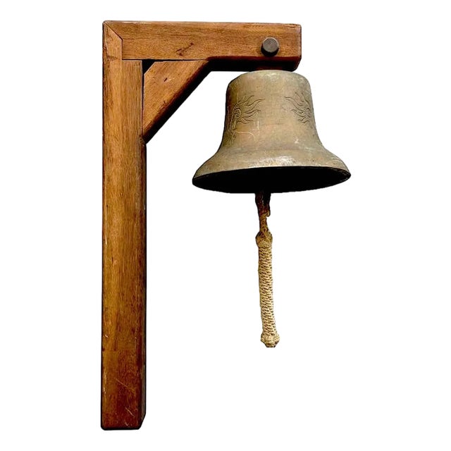 Early 20th Century Bronze Ship / Temple Bell With Teak Wood Bracket For Sale