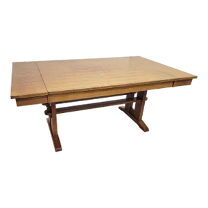 Vintage Bassett Furniture Mission Arts and Crafts Style Oak Trestle Dining Table