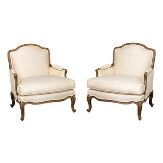Louis XV Style Cream Upholstered Bergeres, Pair For Sale