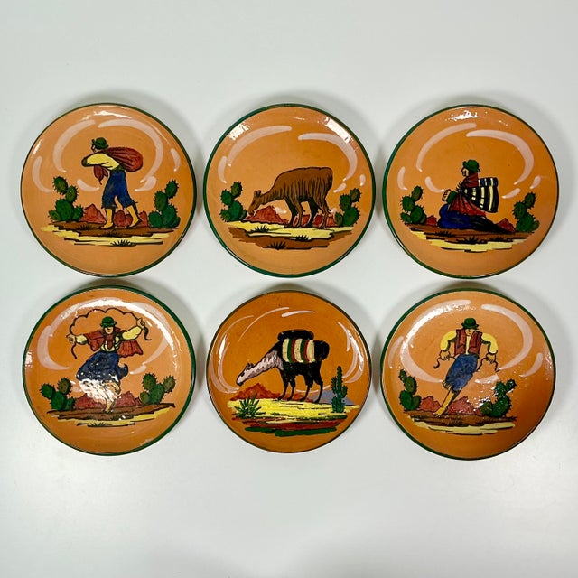Vintage Home is pleased to present this set of 6 Vintage Peruvian Folk Art hand-crafted terra cotta pottery salad plates....