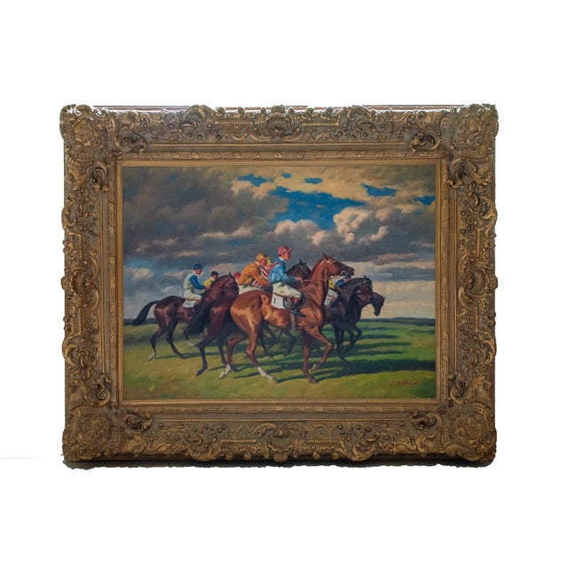 A dynamic 19th-century oil on canvas by Salvator Domingo depicting jockeys on horseback racing across an open landscape...