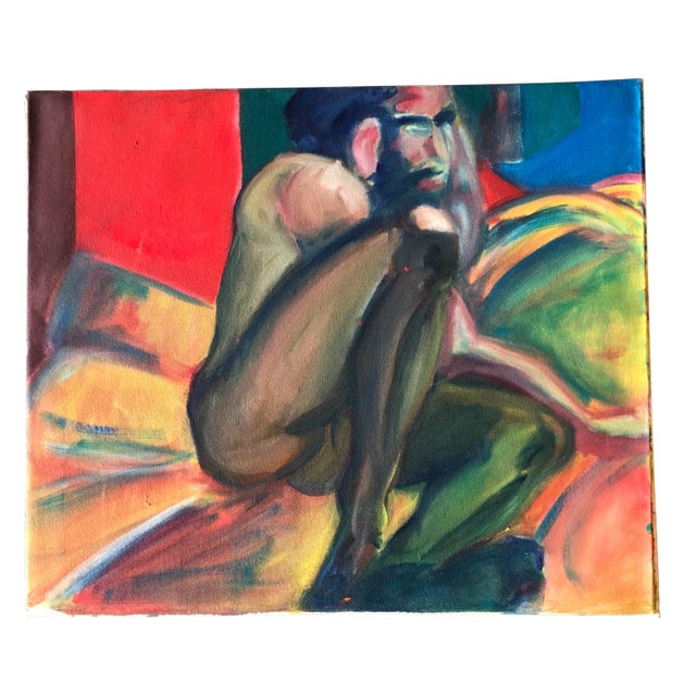 Original Vintage Modernist Male Nude Painting For Sale