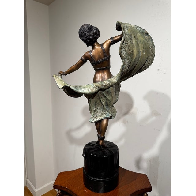 Art Deco Late 20th Century Large Art Deco Style Patinated Metal Dancer Sculpture With Neoclassical Wood Pedestal For Sale - Image 3 of 15