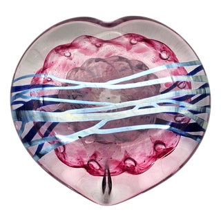 Hand-Blown Abstract Heart Art Glass Paperweight, Pink & Blue, 4" For Sale