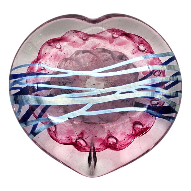 Hand-Blown Abstract Heart Art Glass Paperweight, Pink & Blue, 4" For Sale