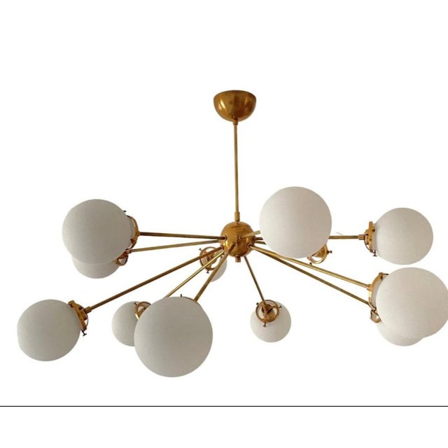 Mid-Century Modern Sputnik Chandelier in Brass with 12 Opaline Spheres For Sale - Image 3 of 4