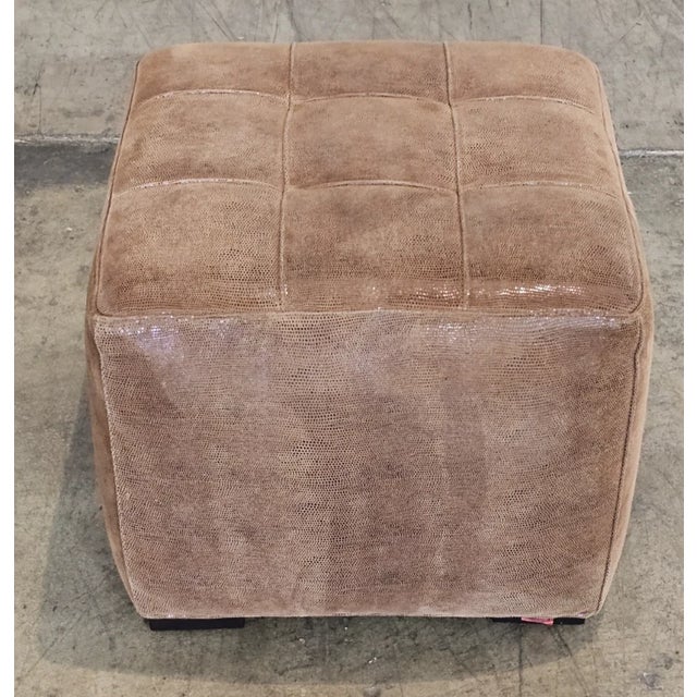 Hancock & Moore Late 20th Century Hancock & Moore Brown Suede Leather Footstool Ottoman Animal Print Fabric For Sale - Image 4 of 7