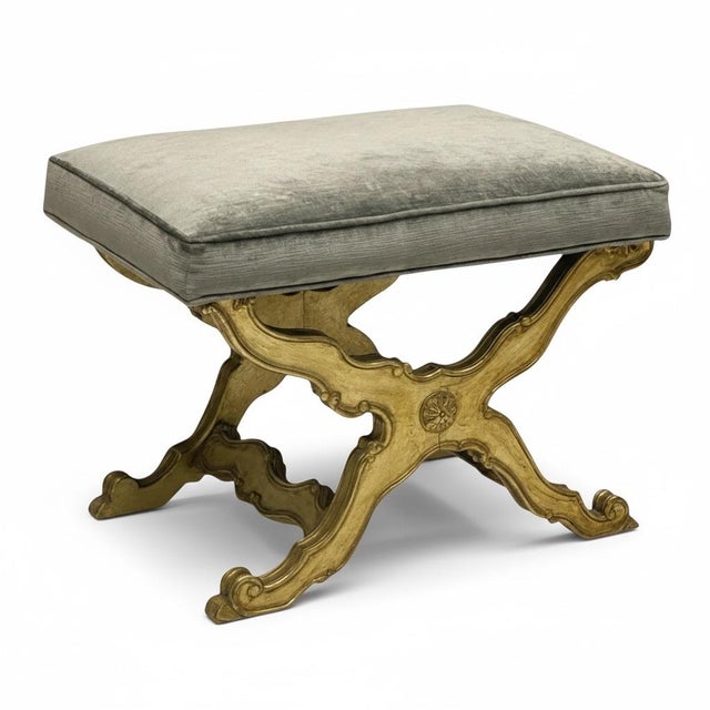 Neoclassical Midcentury Italian Neo-Classical Style Silver Leaf Bench / Ottoman in Blue Velvet For Sale - Image 3 of 7