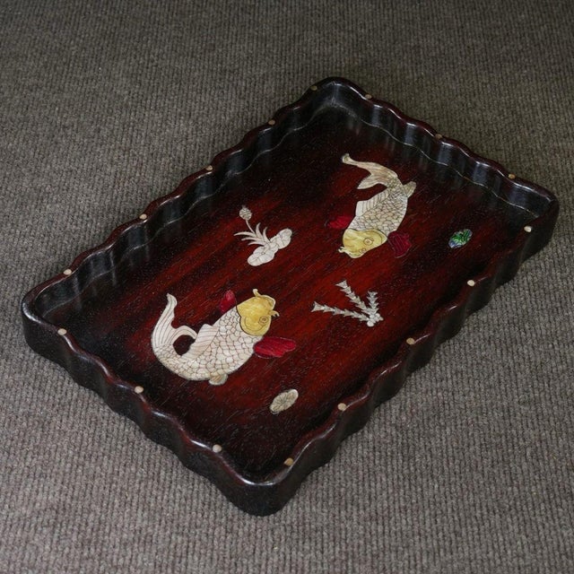 Late 20th Century Late 20th Century Scalloped Wooden Tray With Mother-of-Pearl Koi Fish Inlay For Sale - Image 5 of 10